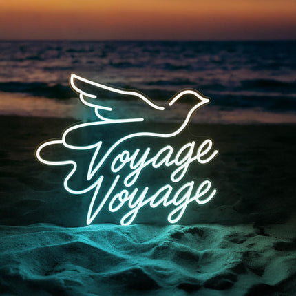 Néon LED 'Voyage Voyage' bleu ciel - Nostalgie française cosy
