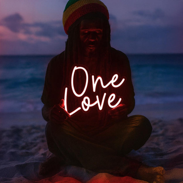 Néon LED 'One Love' rouge - Bob Marley reggae paix unité
