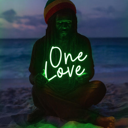 Néon LED 'One Love' vert - Reggae jamaïcain Marley vintage
